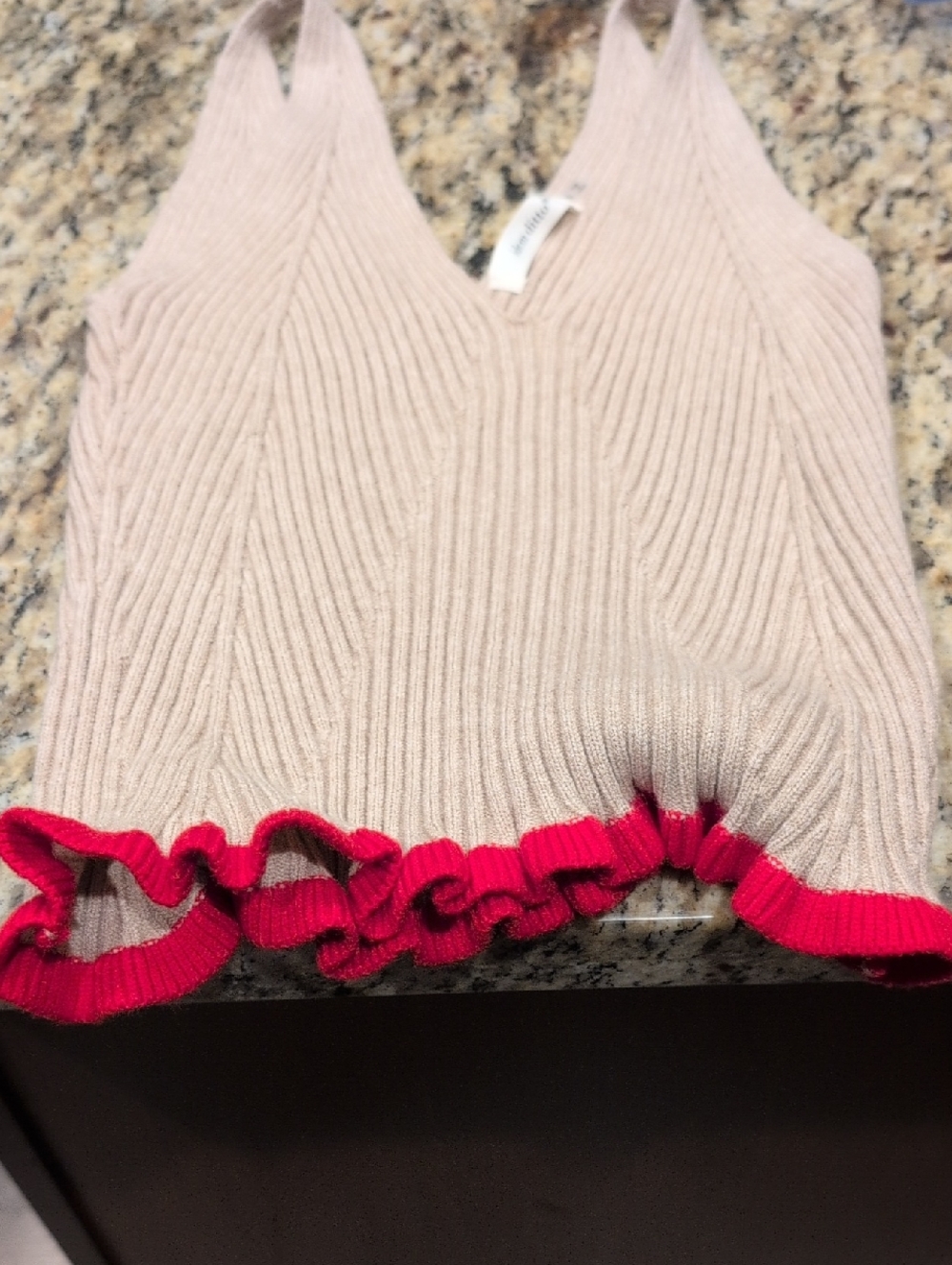 Ribbed V-Neck Tank Top with Ruffle Hem - Beige/Red